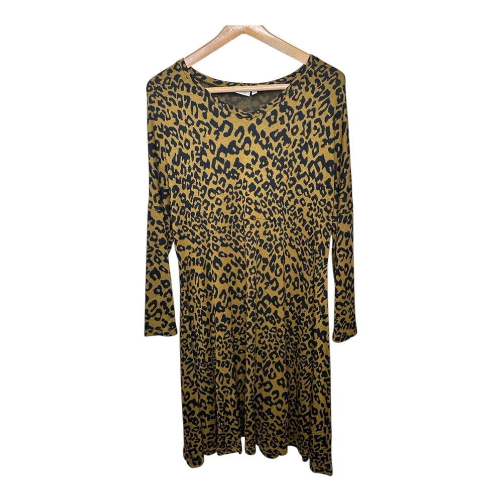 Masai Copenhagen Noa Sweater Dress Size Large Mustard Yellow Black Leopard Print